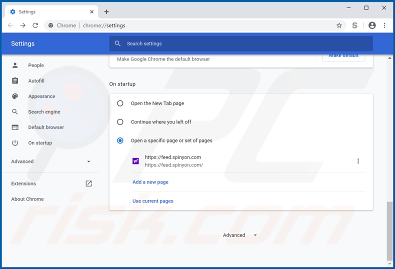 Removing feed.spinyon.com from Google Chrome homepage
