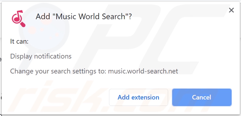 Music World Search browser hijacker asking for permissions
