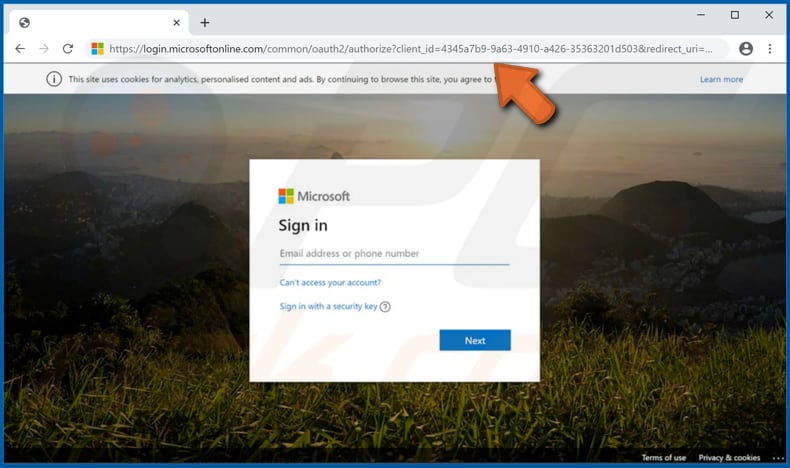 Pagina di accesso Microsoft ufficiale utilizzata per fornire l'accesso all'applicazione non autorizzata