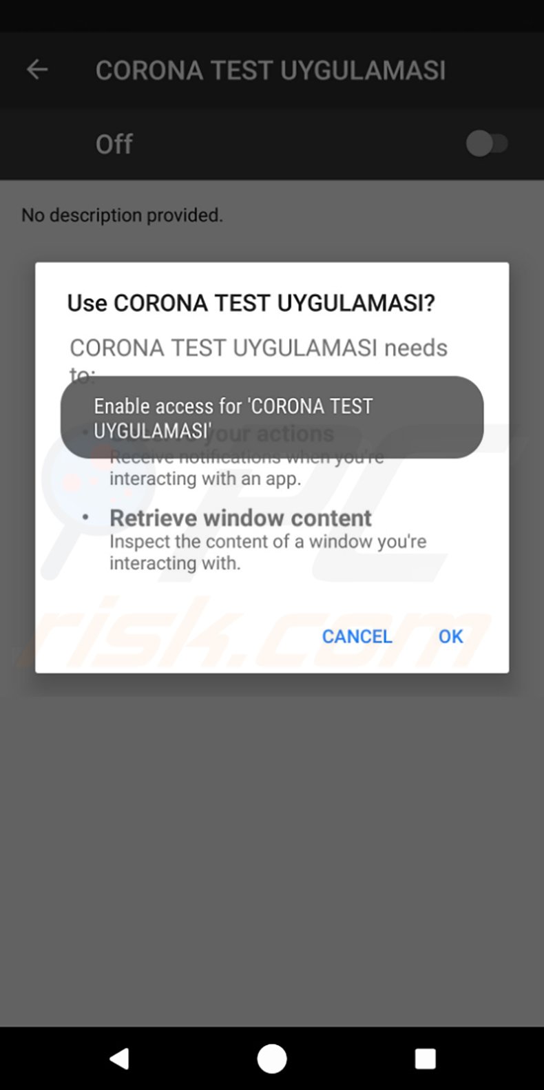 Screenshot di una falsa applicazione di test del Coronavirus (COVID-19) progettata per diffondere il Trojan Anubis
