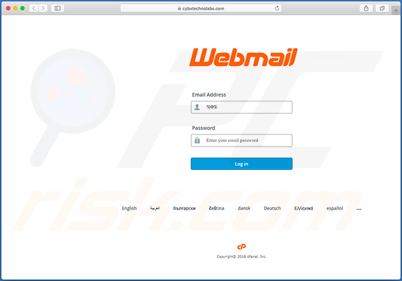 Sito di accesso webmail falso (cybxtechnolabs.com)