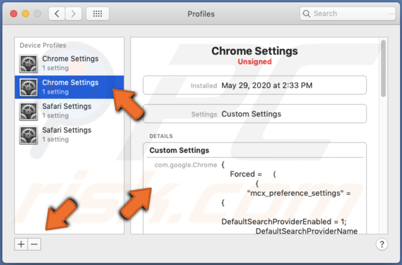 Remove rogue profiles designed to promote prudensearch.com