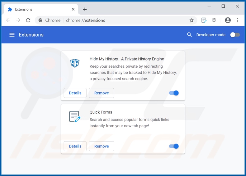 Rimozione delle estensioni di Google Chrome relative a hquick-forms.com