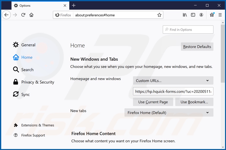 Rimozione di hquick-forms.com dalla home page di Mozilla Firefox