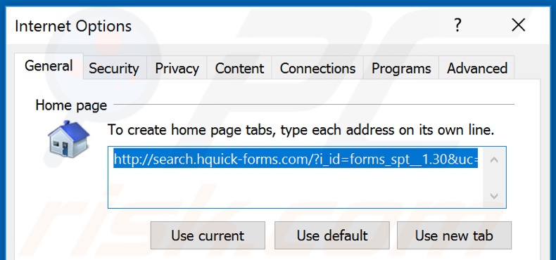 Rimozione di hquick-forms.com dalla home page di Internet Explorer