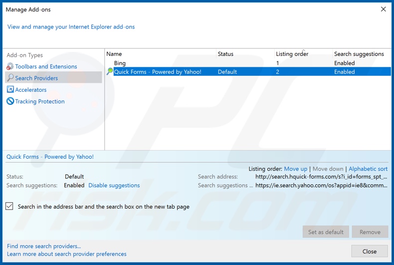 Rimozione di hquick-forms.com dal motore di ricerca predefinito di Internet Explorer