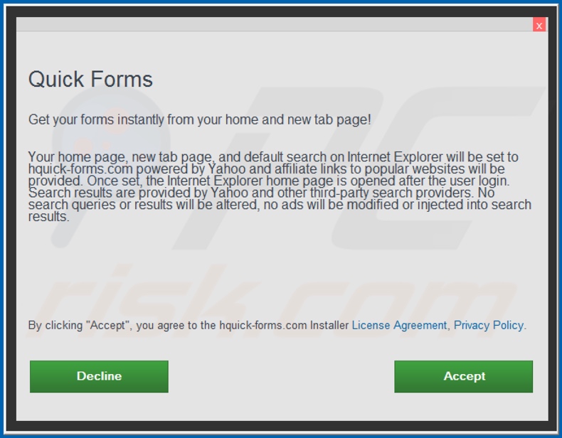 Configurazione ufficiale dell'installazione del dirottatore del browser Quick Forms