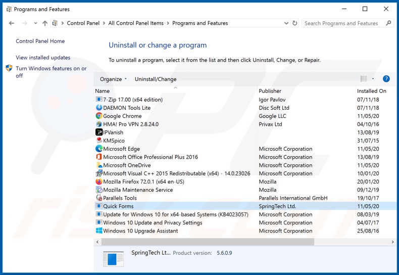 hquick-forms.com dirottatore del browser disinstallare tramite il Pannello di controllo