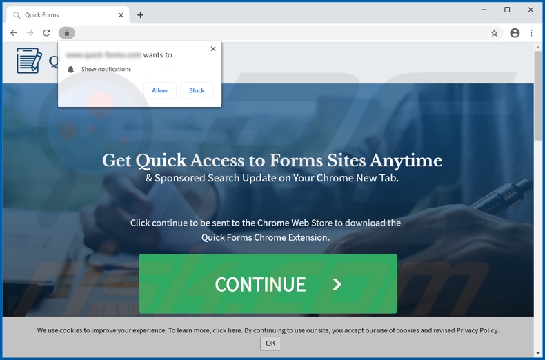 Sito web che promuove il dirottatore del browser Quick Forms