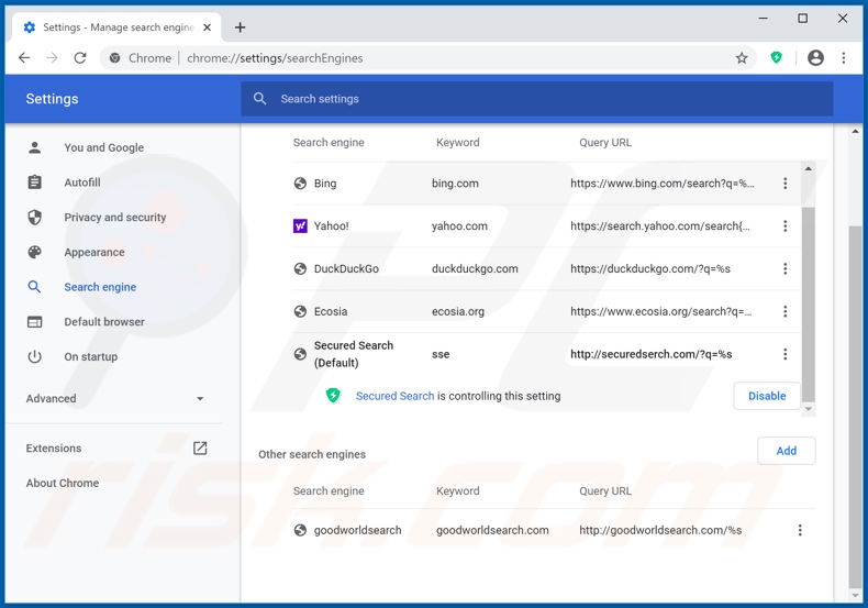 Rimozione di secureserch.com dal motore di ricerca predefinito di Google Chrome