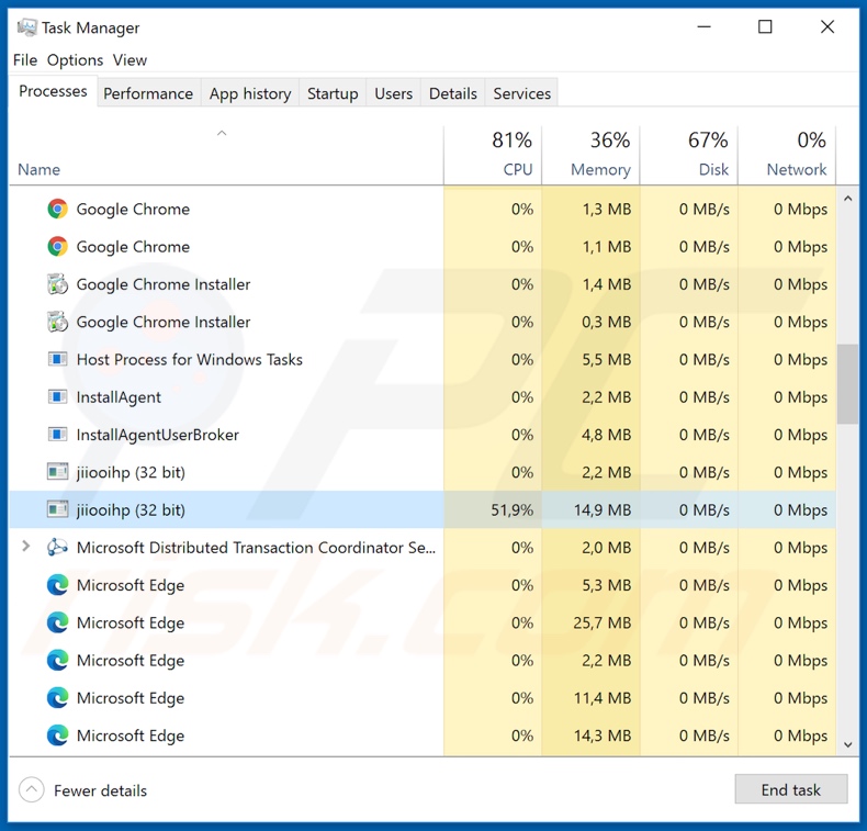 Screenshot del processo Sonbokli Trojan in Task Manager di Windows (