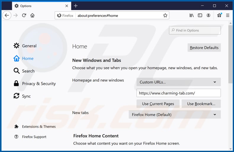 Removing charming-tab.com from Mozilla Firefox homepage