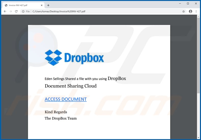 Screenshot del documento PDF progettato per aprire la pagina Dropbox