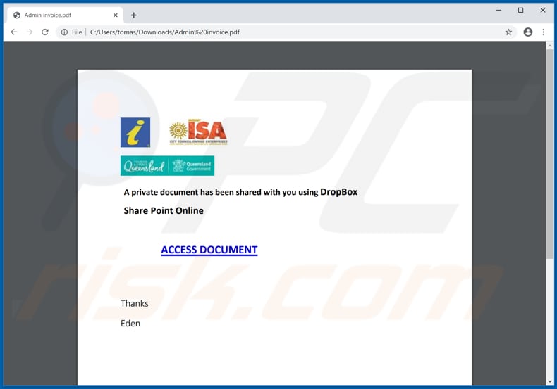 Dropbox email scam documento pdf che porta alla falsa pagina di accesso di Microsoft