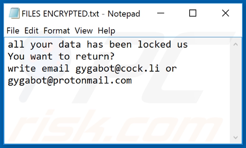 Gyga ransomware text file (FILES ENCRYPTED.txt)
