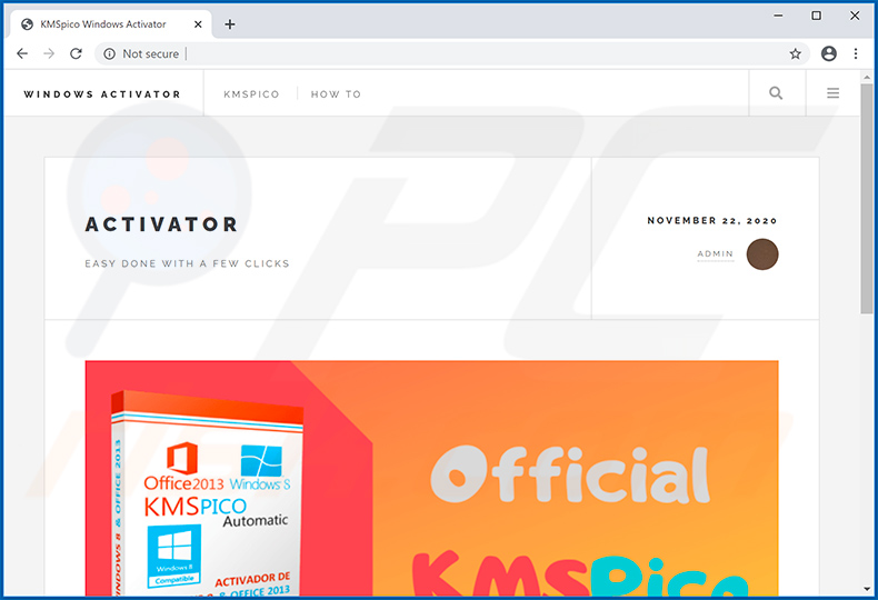 Screenshot di un sito Web utilizzato per promuovere una variante di KMSPico che inietta nel sistema Buer Loader e AsyncRAT