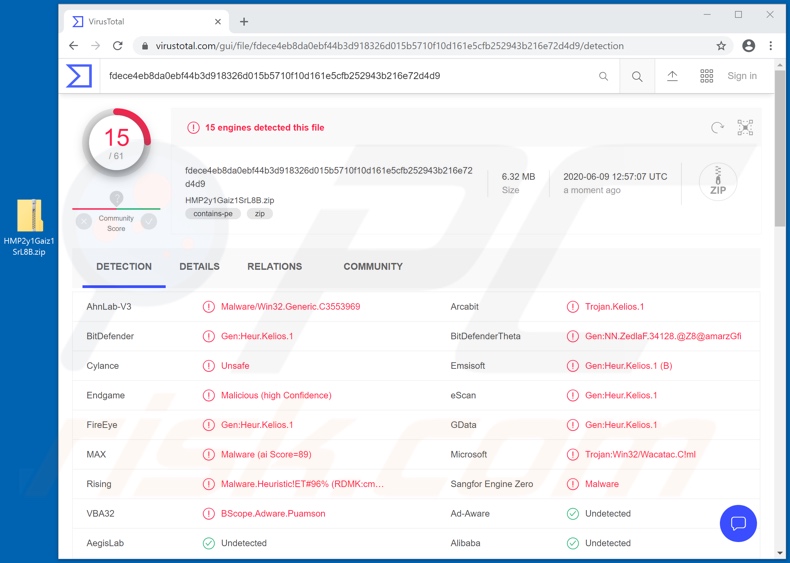 Rilevamenti di malware Mekotio su VirusTotal