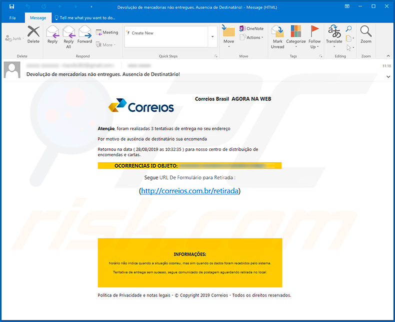 Schermate delle email spam utilizzate per diffondere il trojan Mispadu: Esempio 2