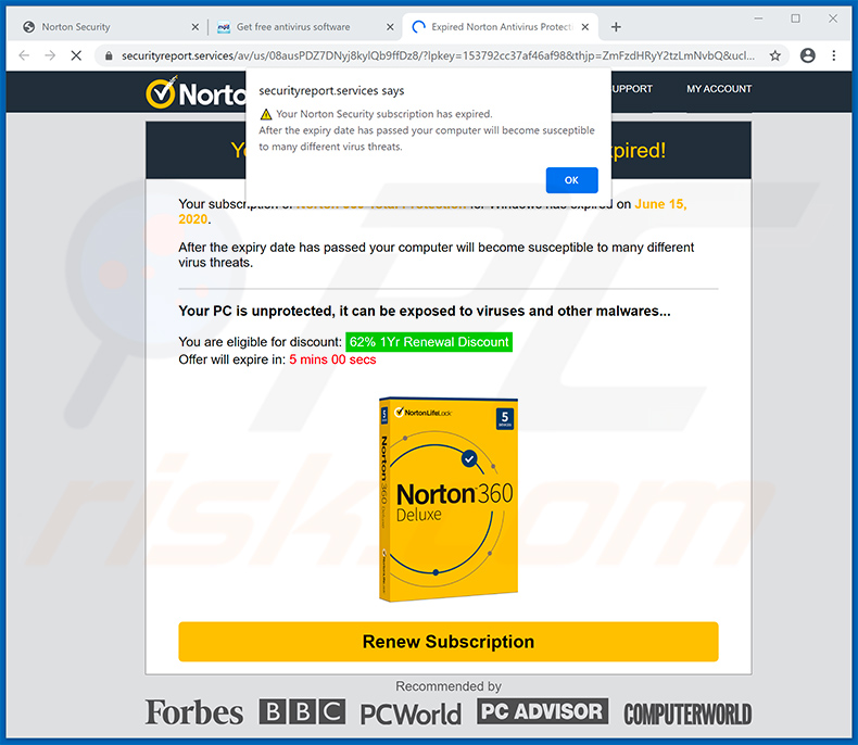 Una variante di Norton Subscription Has Expired Today mostrata dal sito securityreport.services