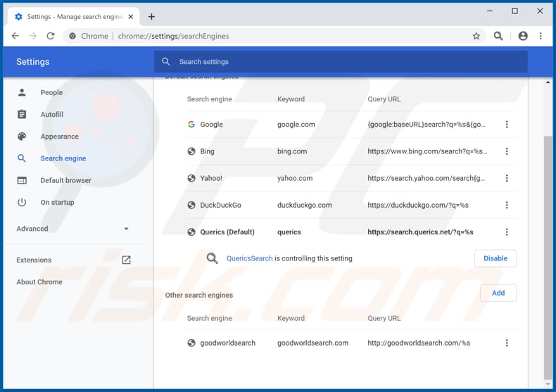 Removing search.querics.net from Google Chrome default search engine