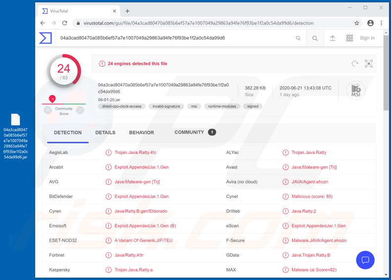 Rilevamenti Ratty RAT su VirusTotal