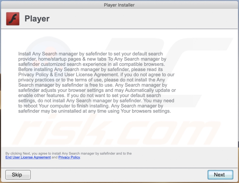 Fake Flash Player installer used to promote SkilledControl adware