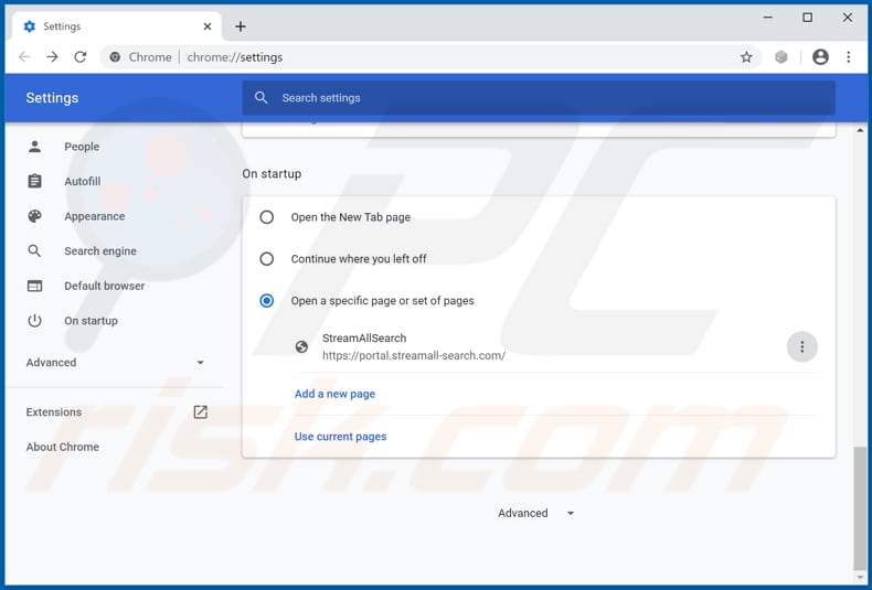 Removing streamall-search.com from Google Chrome homepage
