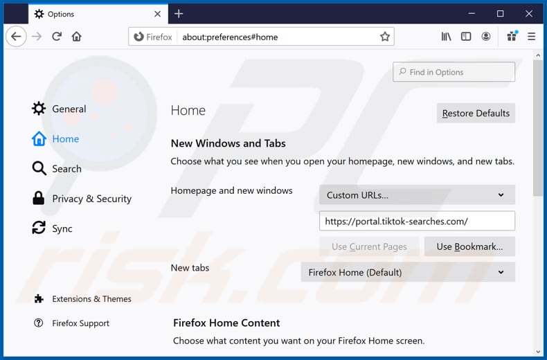 Removing tiktok-searches.com from Mozilla Firefox homepage