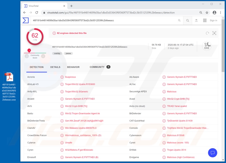 Upatre rilevamenti di malware su VirusTotal