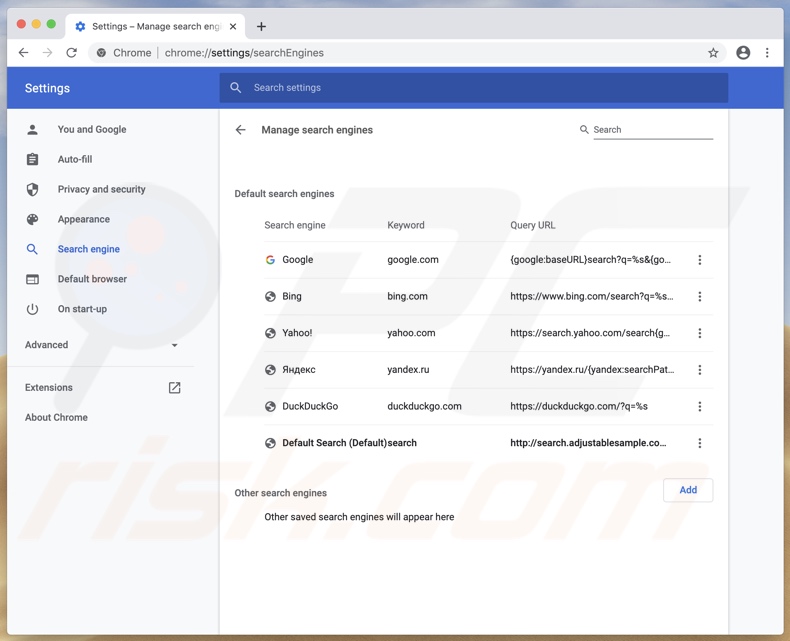 Chrome search engine settings modified by UpgradeCoordinator adware