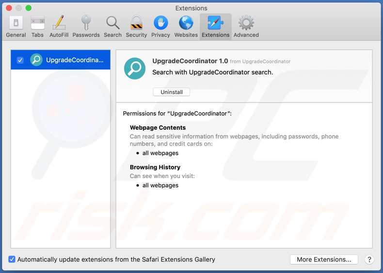 UpgradeCoordinator adware installed on Safari