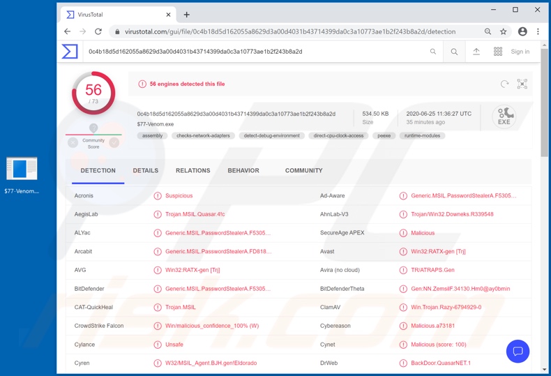 Rilevamenti di malware VenomRAT su VirusTotal