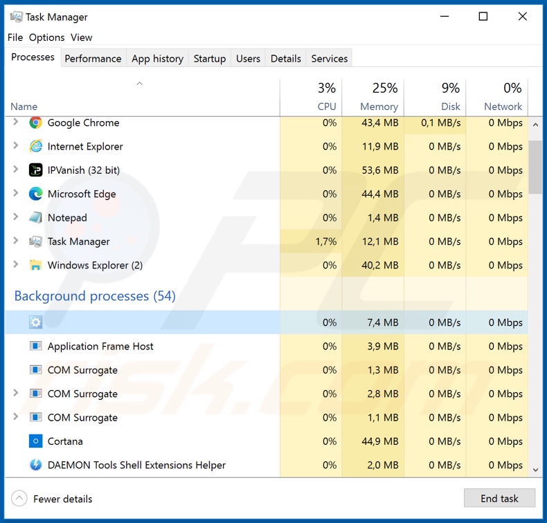 Schermata del processo VenomRAT in Task Manager di Windows