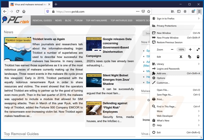 Rimozione di estensioni non autorizzate da Mozilla Firefox step 1