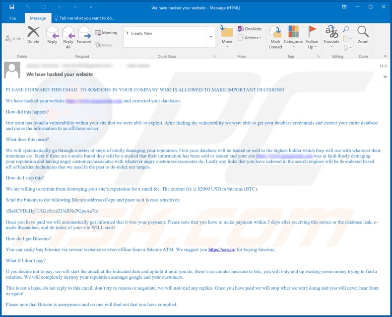 we have hacked your website email scam altra variante