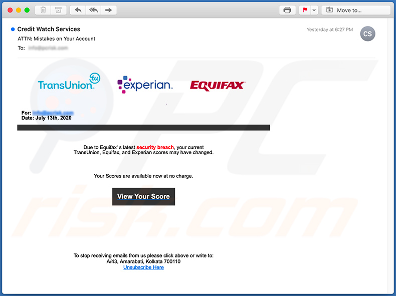 Screenshot di un'e-mail di spam a tema Equifax utilizzata per promuovere un sito di phishing