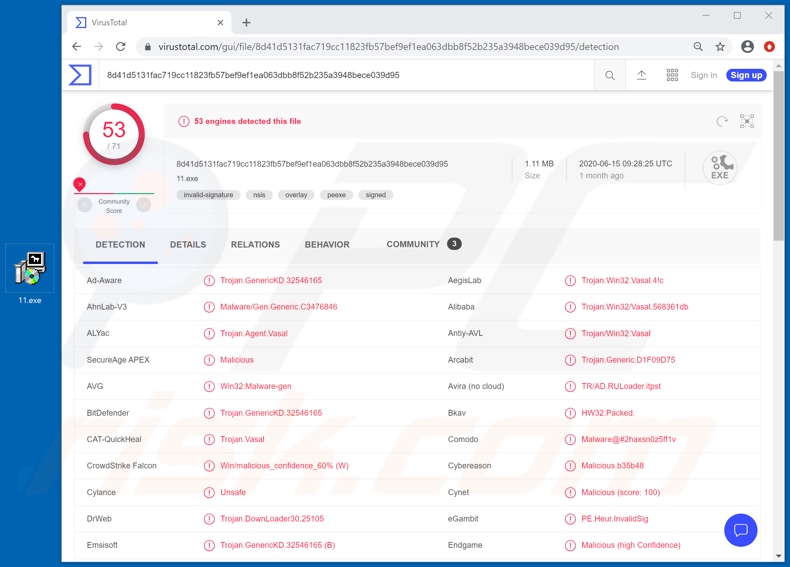 DarkCrystal malware detections on VirusTotal