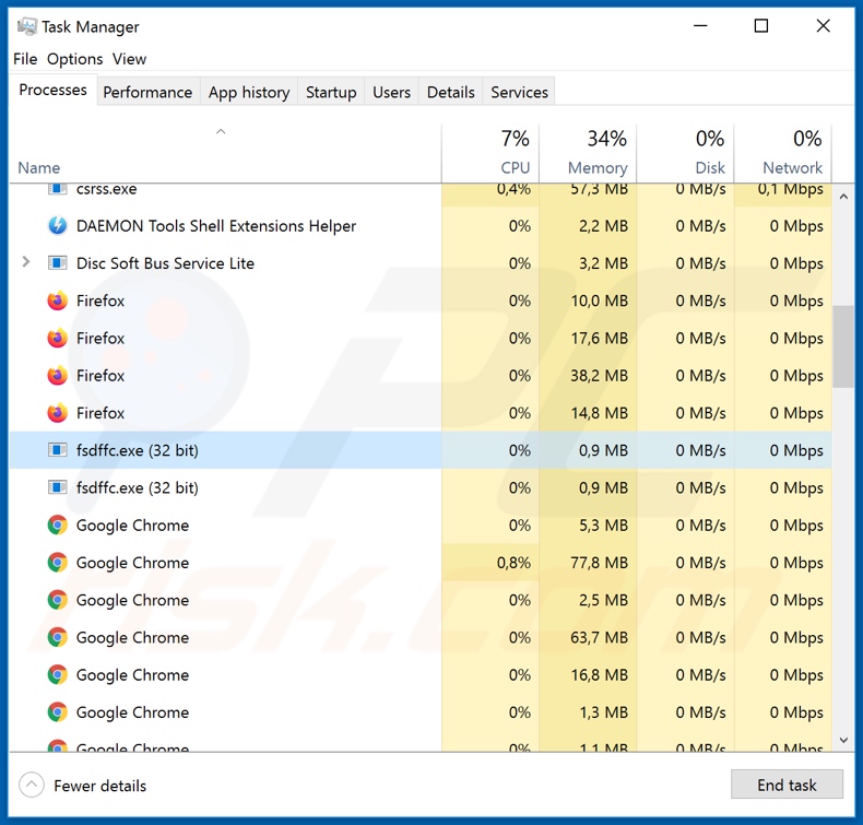 Processo DarkCrystal in Task Manager di Windows (processi con nomi casuali)