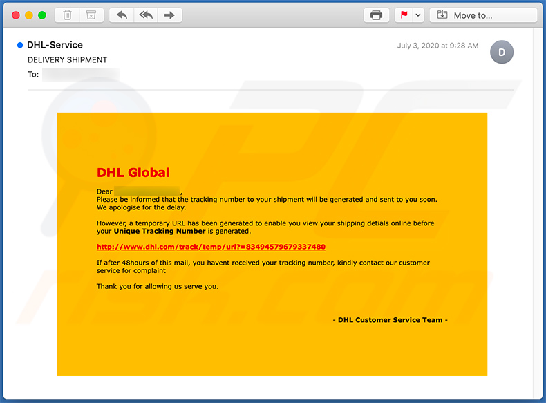 Email di phishing a tema DHL (2020-07-13)