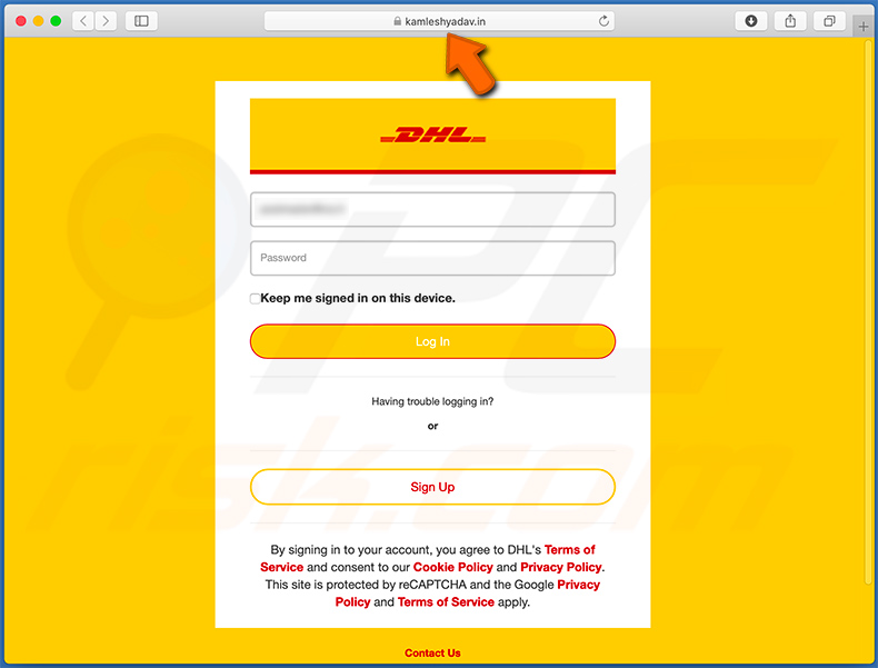 kamleshyadav.in - un falso sito di login DHL utilizzato per scopi di phishing