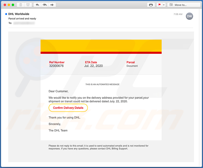 Email di spam a tema DHL che promuove un sito di phishing (24/07/2020)