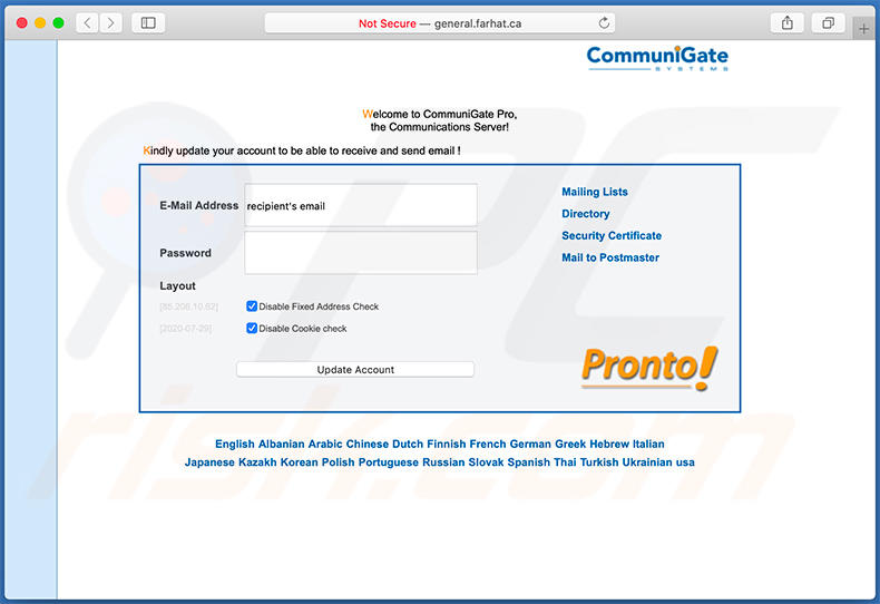 Sito web di phishing General.farhat.ca promosso tramite e-mail di spam