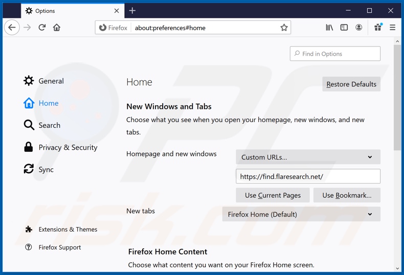 Removing flaresearch.net from Mozilla Firefox homepage