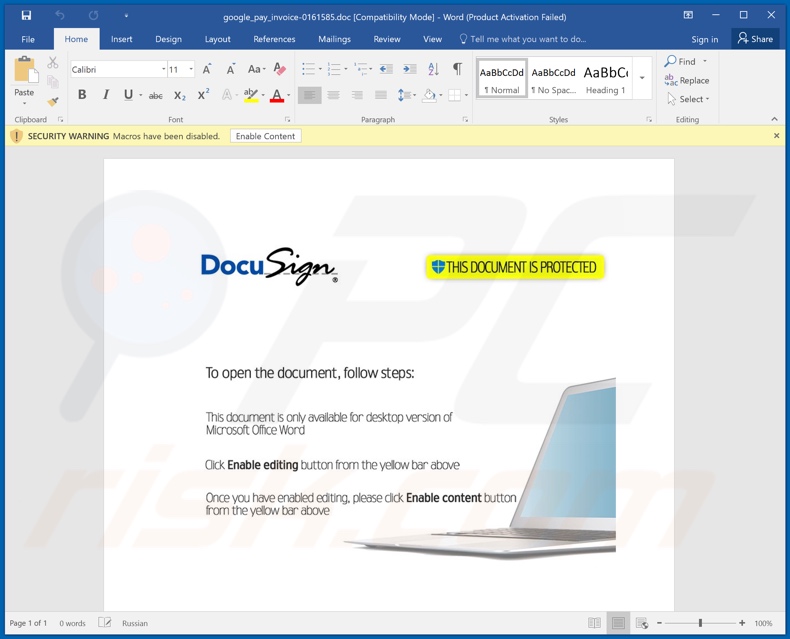 Allegato dannoso a tem DocuSign, progettato per infettare i sistemi con Taurus stealer, distribuito tramite la campagna di spam 