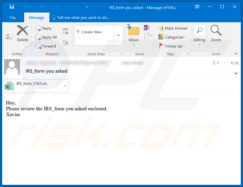 Esempio di un'altra e-mail di spam a tema IRS, utilizzata per diffondere un documento MS Excel dannoso progettato per iniettare Cobalt Strike malware nel sistema