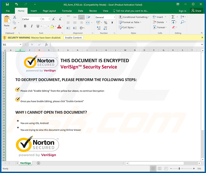 Documento MS Excel dannoso (distribuito tramite e-mail di spam a tema IRS) progettato per iniettare Cobalt Strike