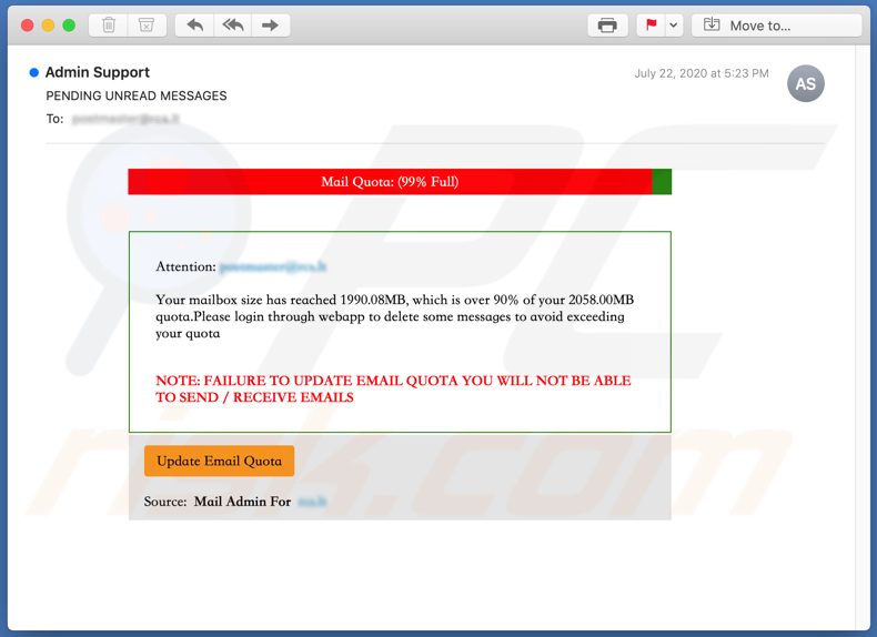 Mail Quota Email Scam email campagna di spam