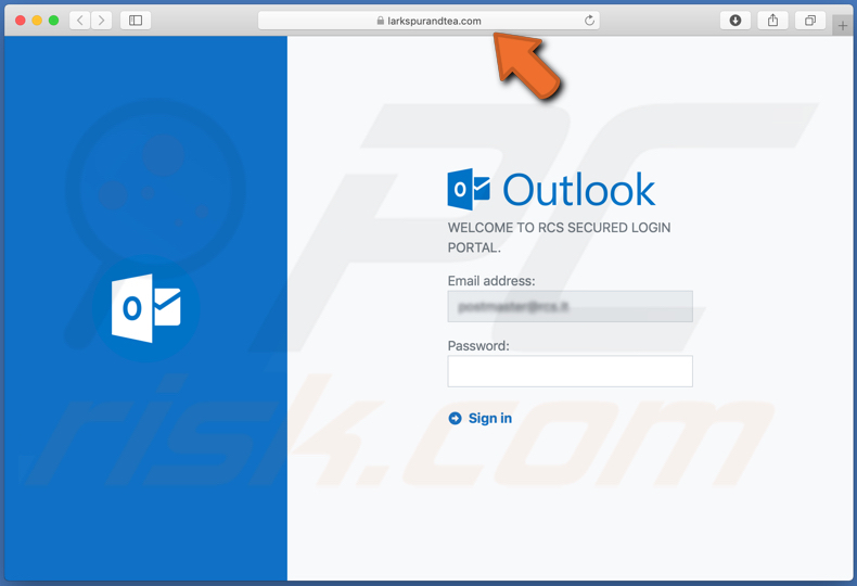Screenshot di un falso sito Web di accesso a Outlook