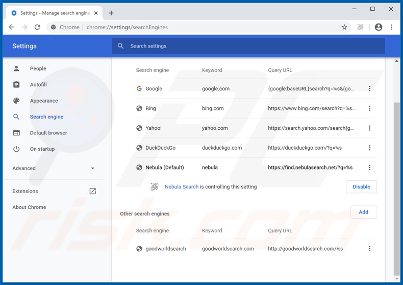 Rimozione di nebulasearch.net dal motore di ricerca predefinito di Google Chrome