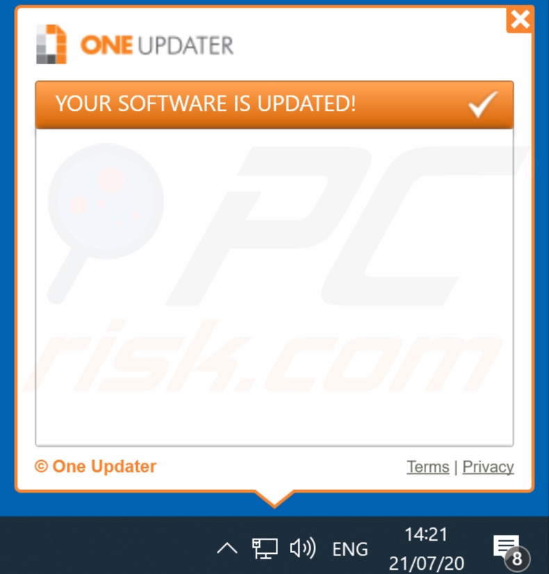 OneUpdater adware visualizzato pop-up